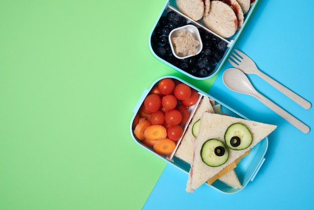 Free photo lunch boxes with delicious food top view