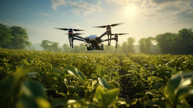 Free photo lush green farmland being surveyed by a drone for precision agriculture