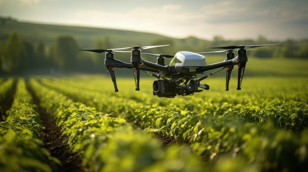 Lush green farmland being surveyed by a drone for precision agriculture