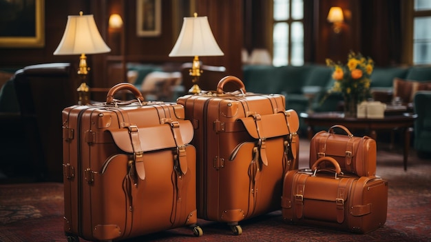 Free Photo luxurious leather luggage stacked on a hotel cart bathed in warm light