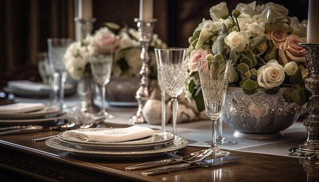 Luxurious wedding banquet Elegant crockery silverware and glassware generated by AI