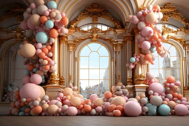 Free photo luxury baroque frame and pastel balloons in center of room digital backdrop