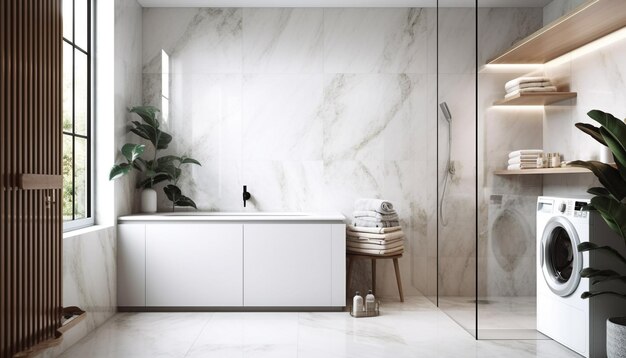 Luxury bathroom design with marble and plant generated by AI