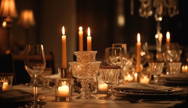 Free photo luxury candlelight celebration on elegant dining table generated by ai