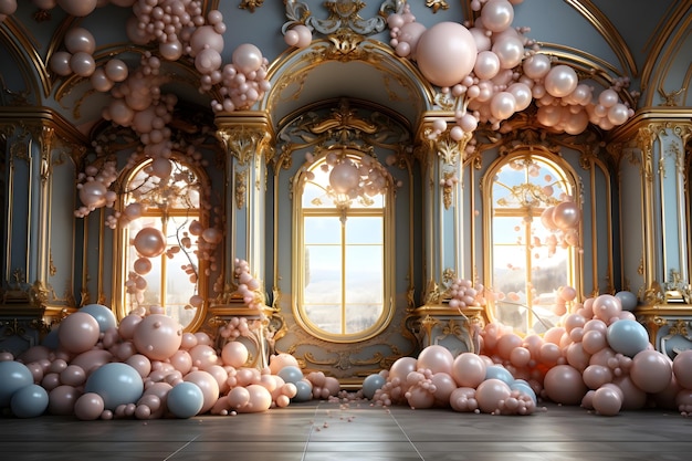 Free photo luxury fantasy baroque frame and pastel balloons in center of room digital backdrop