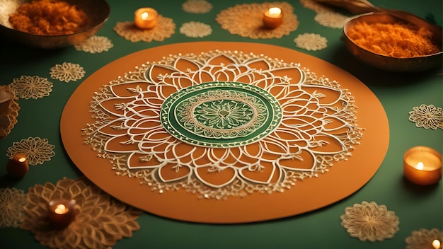 Free photo luxury mandala with floral ornament and candles on green background