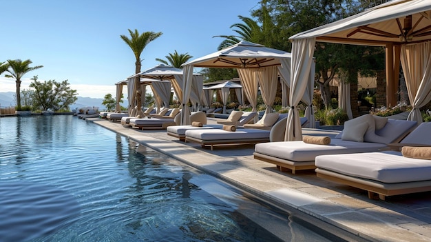 A luxury poolside experience where guests bask in the opulence of cabanas