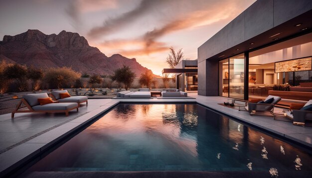 Luxury sunset poolside relaxation with stunning landscape view generated by AI