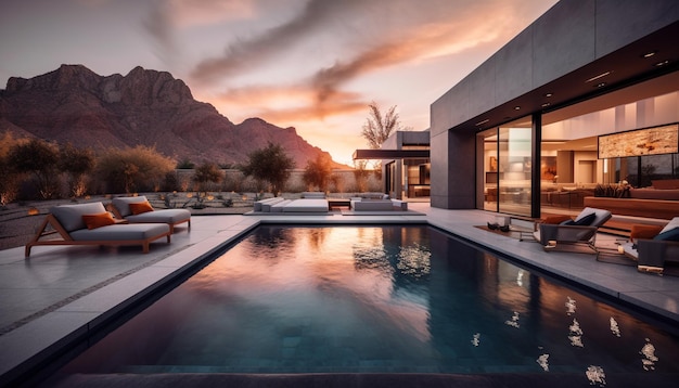 Luxury sunset poolside relaxation with stunning landscape view generated by AI