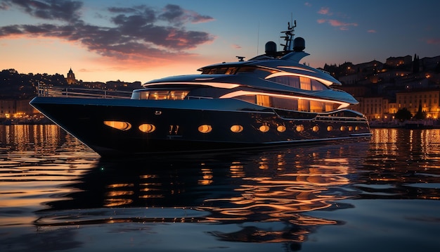 Free Photo luxury yacht sails through dark night reflecting city illuminated skyline generated by artificial intelligence