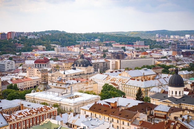 Lviv from a bird's eye view. City from above. Lviv, view of the city from the tower. Colored roofs