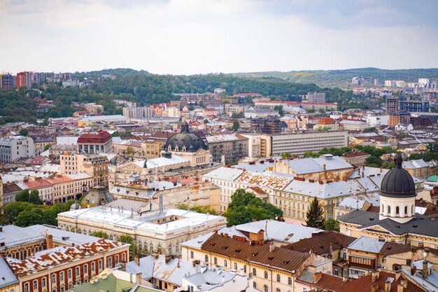 Lviv from a bird's eye view. City from above. Lviv, view of the city from the tower. Colored roofs