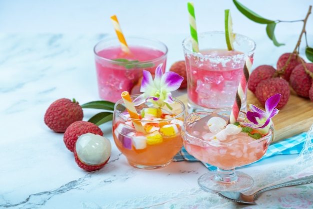 Lychee jelly, seasonal fruit and beautifully decorated Thai dessert concept.