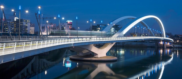 LYON, FRANCE, DECEMBER 22, 2014 : Panoramic view of Raymond Barre bridge by night, Lyon, France.