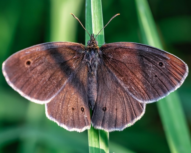 Free Photo macro shot of a ringlet butterfly on a leaf outdoors