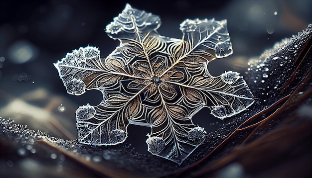 Free Photo macro snowflake on wet branch with yellow dew generated by ai