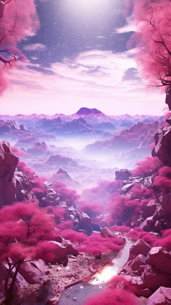 Magenta fantasy landscape with nature