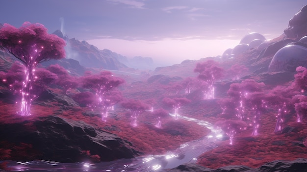 Magenta landscape with fantasy nature