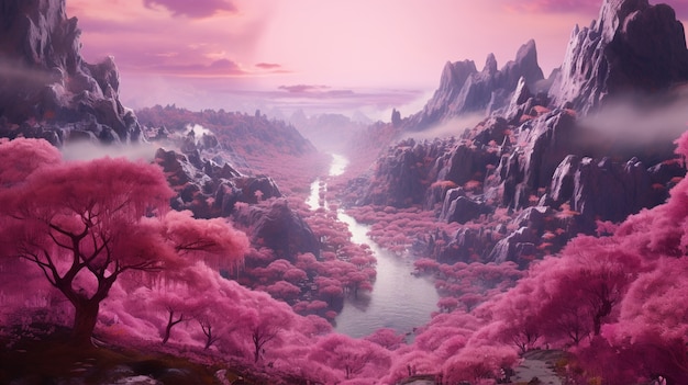 Magenta mystical landscape with nature