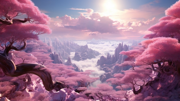 Magenta mystical landscape with nature