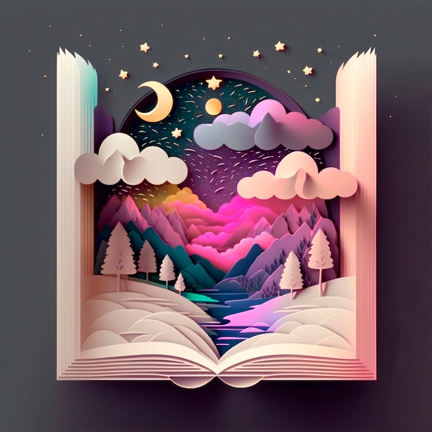 Free photo magic fairy tale book of colorful mountain landscape at night