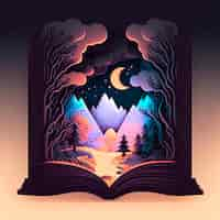 Free photo magic fairy tale book of colorful mountain landscape at night