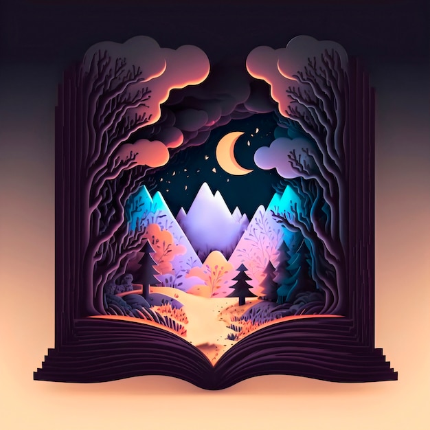 Free Photo magic fairy tale book of colorful mountain landscape at night