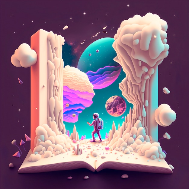 Magic fairy tale book illustration with astronaut exploring a planet