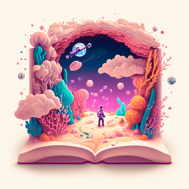 Free photo magic fairy tale book illustration with astronaut exploring a planet