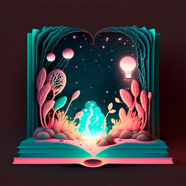 Free Photo magic fairy tale book illustration with lights and exotic plants