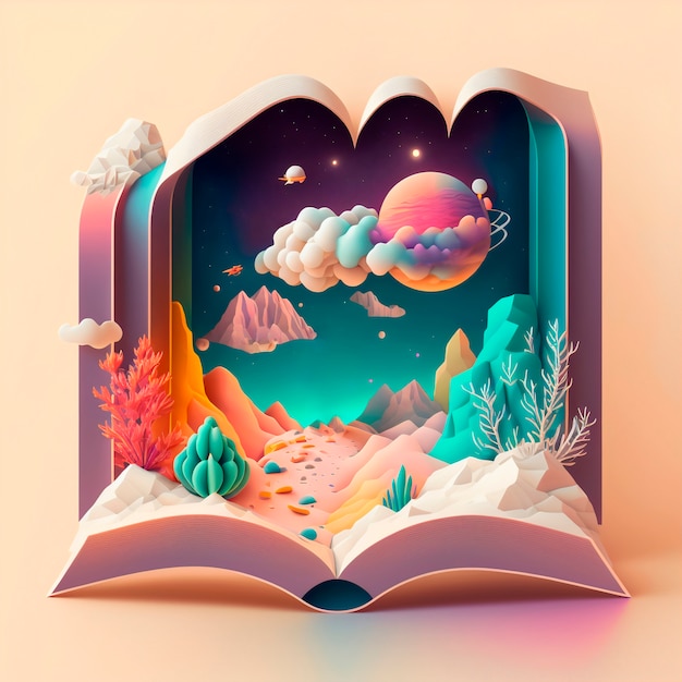 Magic fairy tale book illustration with natural landscape and a giant planet