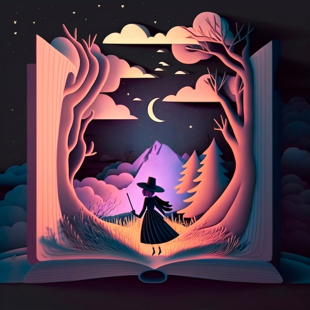 Free photo magic fairy tale book illustration with a silhouette which in the forest at night