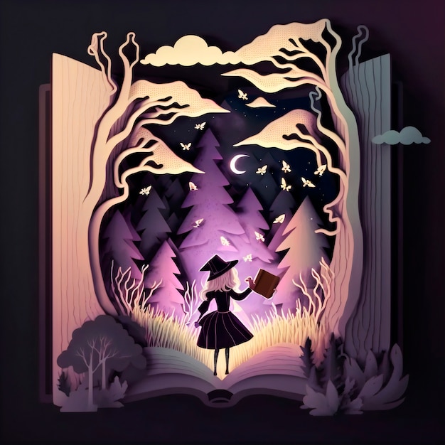 Free photo magic fairy tale book illustration with a silhouette which in the forest at night