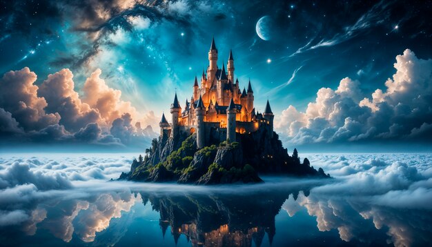 Magical castle in fantasy landscape