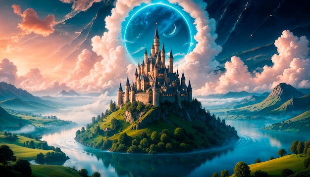 Magical castle in fantasy landscape