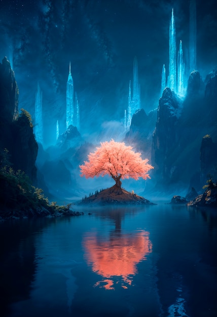 Magical tree in fantasy landscape