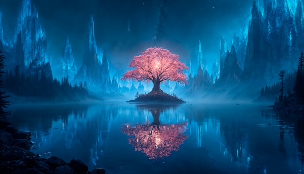 Magical tree in fantasy landscape