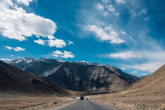 Magnetic hill mountain and blue sky road way in Leh Ladakh, India