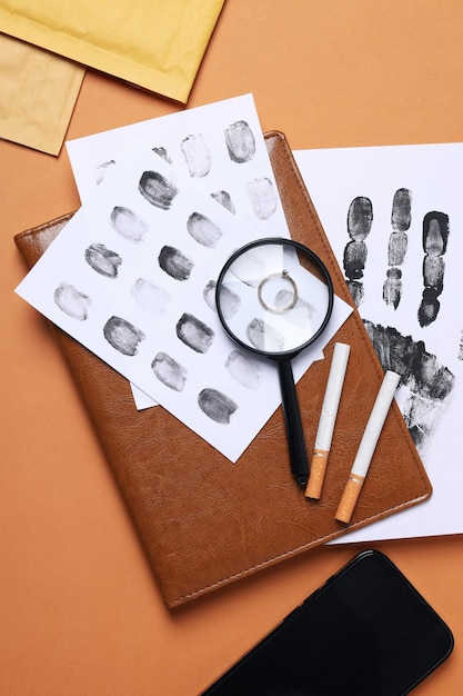 Free Photo magnifying glass with hat fingerprints and cigarettes