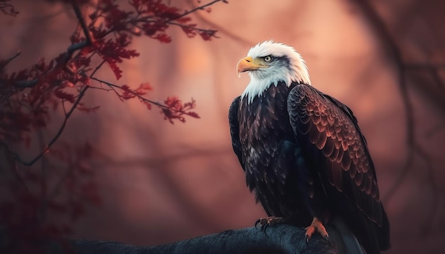 Majestic bald eagle perching on tree branch generated by AI