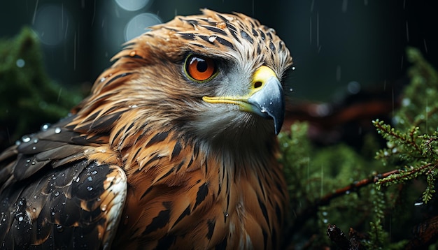 Free photo majestic bird of prey perching on branch staring intensely generated by artificial intelligence