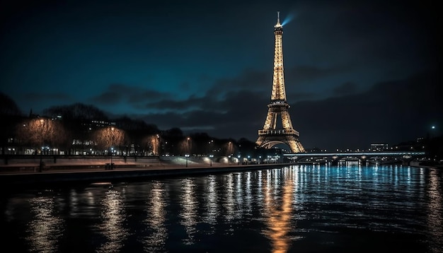 Majestic city skyline illuminated at dusk reflecting history generated by AI