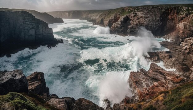 Majestic cliff crashing waves spray splashing wet generated by AI