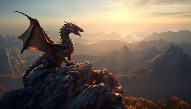 Majestic dragon perched on mountain peak overlooking breathtaking landscape generated by AI