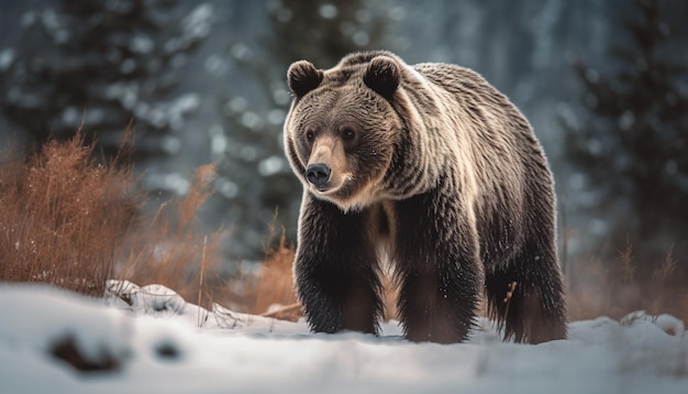 Free photo majestic grizzly bear walking in snowy forest generative ai