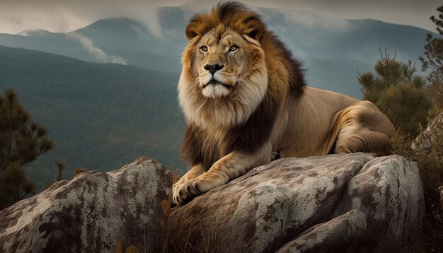 Majestic lion rests in Africa wilderness area generated by AI