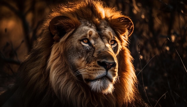 Majestic lion walking through African wilderness area generated by AI