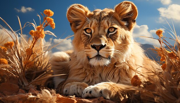 Majestic lioness hiding in grass looking at camera serene sunset generated by artificial intelligence