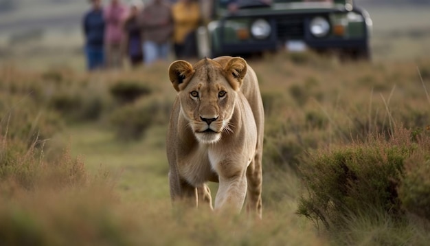 Majestic lioness walking in Ngorongoro wilderness generated by AI