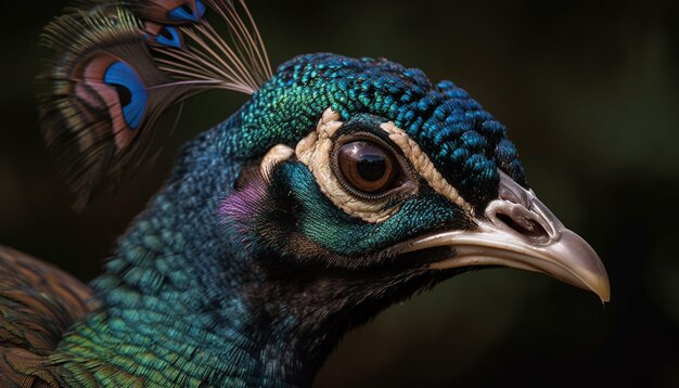 Majestic male peacock displaying multi colored feather pattern generated by AI